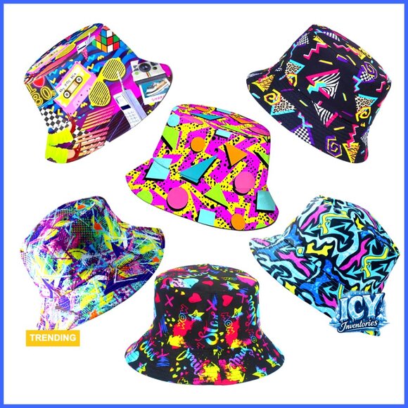 6 Pack Unisex Reversible Bucket Hats, Retro 80s 90s Vintage Print, Foldable